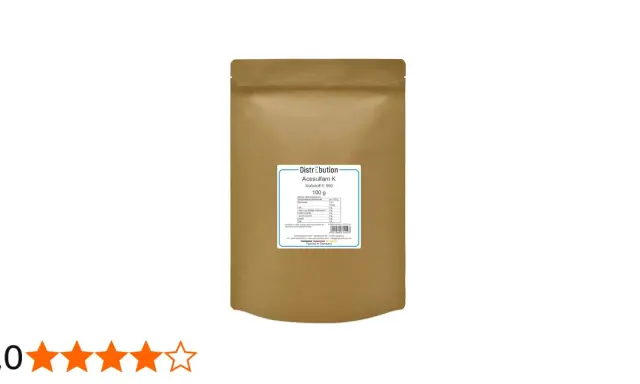 Braune Verpackung mit 100g Acesulfam K Süßstoff E 950. Nährwertangaben sind auf dem Etikett sichtbar.