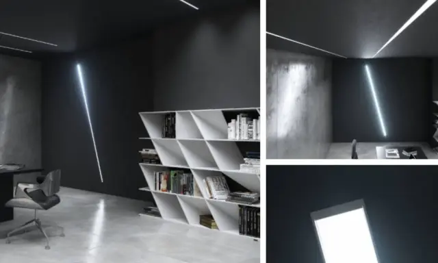 Nowoczesne wnętrze z listwą LED natynkową na suficie i ścianie. Minimalistyczny design, biurko, krzesło i regał z książkami.