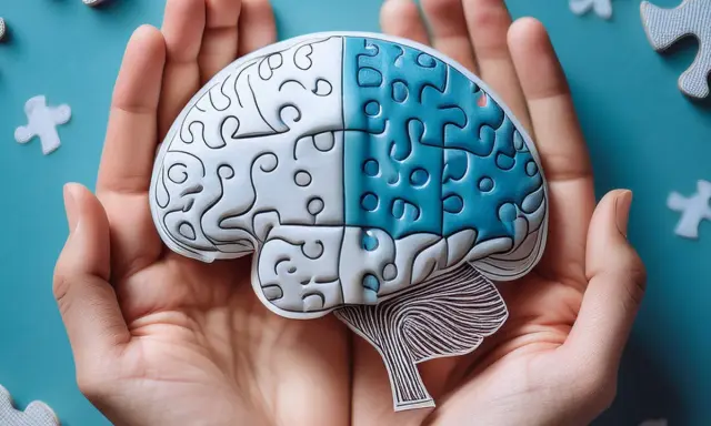 Dłonie trzymają mózg z puzzli, symbolizujący powrót do zdrowia po udarze dzięki fizjoterapii.