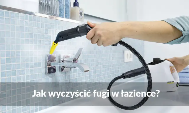Ręczne mechaniczne czyszczenie fug parownicą Karcher. Para usuwa brud z fug przy baterii łazienkowej.