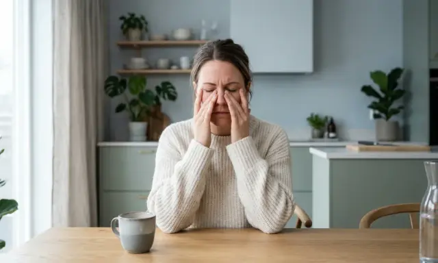 Kvinna med händerna mot ansiktet, troligen på grund av bihåleinflammation. Hon sitter vid ett träbord med en mugg och en karaff med vatten.