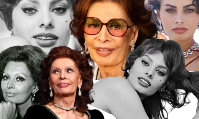 Collage de imágenes de Sophia Loren en diferentes etapas de su vida, mostrando su icónica belleza y estilo.