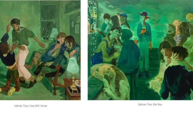 Salman Toor's red chip art depicts intimate scenes of young men in dimly lit interiors and a lively bar.