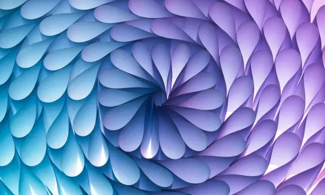 A mesmerizing spiral pattern in art, formed by overlapping teardrop shapes in shades of blue and purple, creating a sense of depth and movement.
