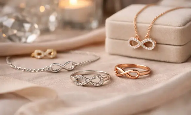 Gioielli scintillanti con il simbolo infinito: collana, bracciale e anelli in oro e argento, un eterno promemoria d'amore.