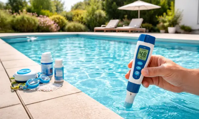 Persona mide el pH de una piscina salina con un medidor digital. Junto a la piscina, gafas y productos para su mantenimiento.