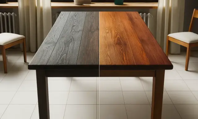 Table en bois divisée en deux : d'un côté, le bois est sombre et vieilli, de l'autre, il est éclairci et naturel. Avant après.
