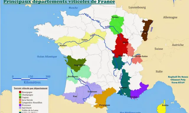 Carte des principaux départements viticoles de France, montrant les régions comme Bordeaux, Bourgogne, Champagne, et la Vallée du Rhône.