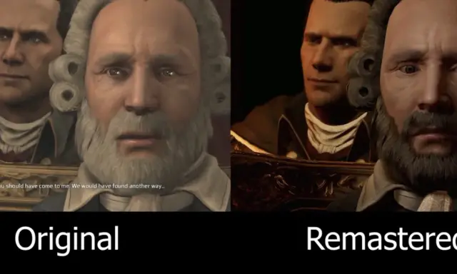 Porównanie grafiki z Assassin's Creed 3: oryginalna wersja i remaster. Widać poprawę detali twarzy i oświetlenia.