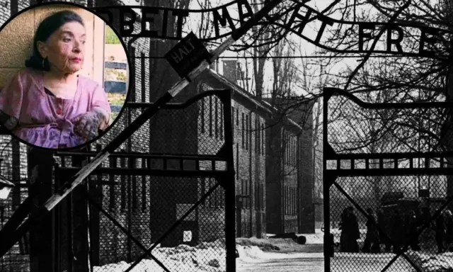 Wizerunek przedstawia bramę obozu koncentracyjnego z napisem "Arbeit macht frei" i portret starszej kobiety, która przeżyła eksperymenty na dzieciach.
