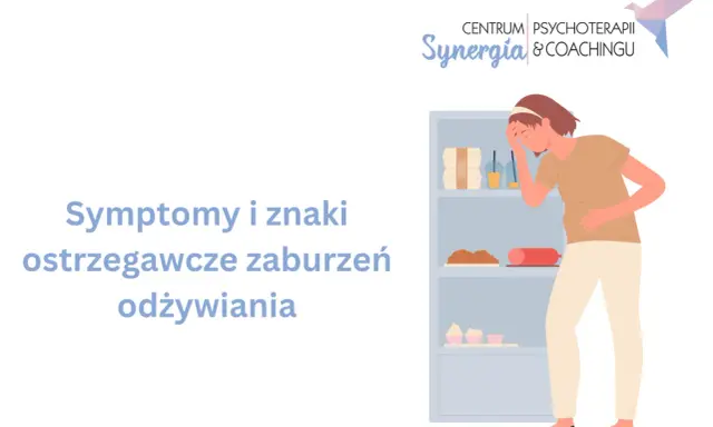 Kobieta z bólem brzucha i głowy stoi przed otwartą lodówką pełną jedzenia.