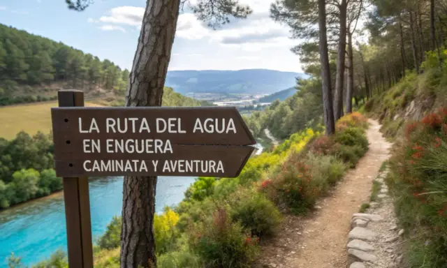 Cartel de "La Ruta del Agua en Enguera" indica un sendero para caminata y aventura junto a un río turquesa y un bosque frondoso.