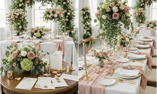 Eleganckie dekoracje stołu weselnego w pastelowych kolorach: pudrowy róż, zieleń i biel. Bukiet róż i hortensji, złote świeczniki i menu.