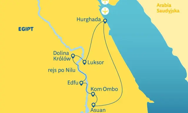 Mapa Egiptu z trasą turystyczną: Hurghada, Luksor, Dolina Królów, rejs po Nilu, Edfu, Kom Ombo, Asuan. Zastanawiasz się, ile się leci do Egiptu?