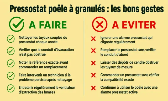 Conseils pour l'alarme pressostat poêle à granulés : à faire (nettoyer, vérifier conduit) et à éviter (ignorer, remplacer sans vérifier).