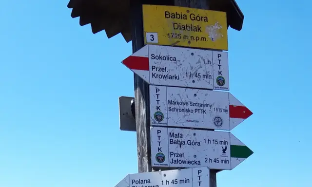 Szlaki turystyczne na Babiej Górze. Tabliczka informuje o wysokości 1725 m n.p.m. i kierunkach do Sokolicy, Markowych Szczawin, Małej Babiej Góry i innych.