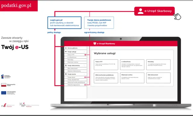 Jak sprawdzić zadłużenie w US? Na ekranie laptopa w e-Urzędzie Skarbowym znajdziesz "Twoje konto" i "Twoje dokumenty", gdzie uzyskasz potrzebne informacje.