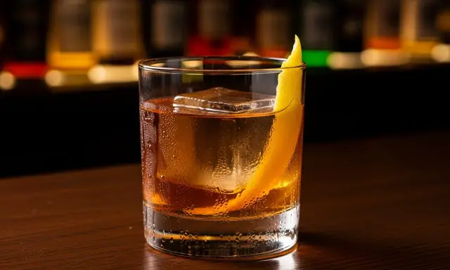 En drink med is och en citronskal, som en rostig spik i en bar.