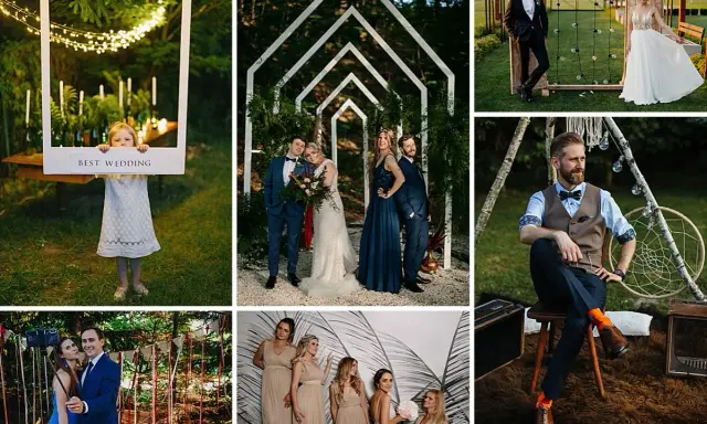 Urocze, niestandardowe atrakcje weselne: dziecięca ramka "Best Wedding", para młoda pod łukiem, panna młoda i pan młody na tle natury, goście z selfie stickiem, drużba i drużki, oraz elegancki pan młody w boho klimacie.