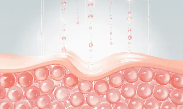 Gouttes rosées tombent sur une couche de peau, stimulant le renouvellement cellulaire.