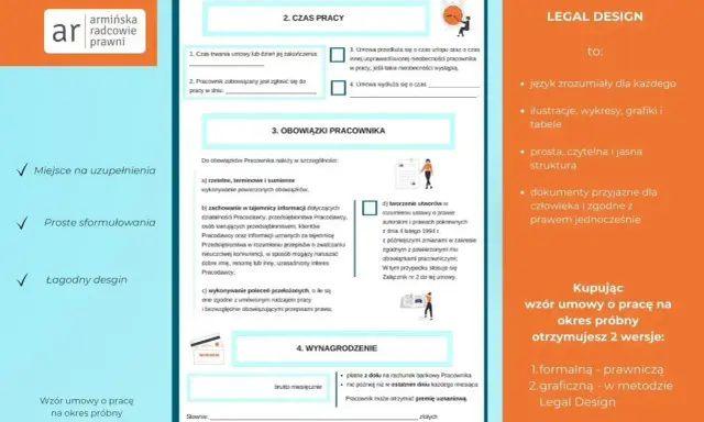 Wzór umowy o pracę na okres próbny w wersji Legal Design. Dokument ułatwia weryfikację kontrahenta dzięki prostym sformułowaniom i przejrzystej strukturze.