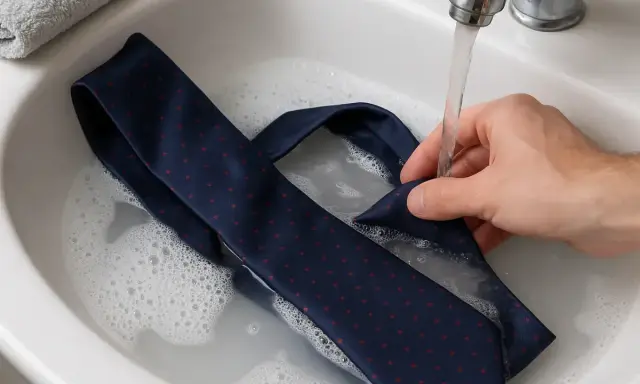 Lavando una corbata de seda con vinagre en un lavabo con agua burbujeante.