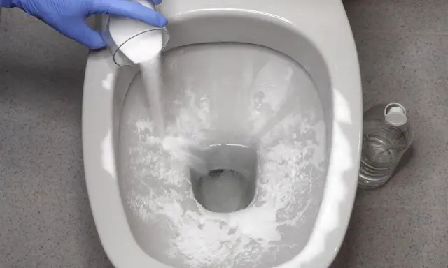 Rękawiczka w niebieskiej rękawiczce wsypuje proszek do muszli klozetowej, rozpoczynając czyszczenie muszli klozetowej.