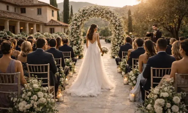 Novia camina hacia el altar bajo un arco floral, mientras un violinista toca. La ceremonia, con invitados sentados, evoca el ambiente de canciones de boda modernas.
