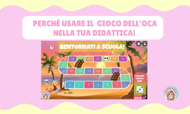 Un genially gioco dell'oca con tema "Bentornati a scuola" su una spiaggia tropicale. Perfetto per rendere la didattica divertente!