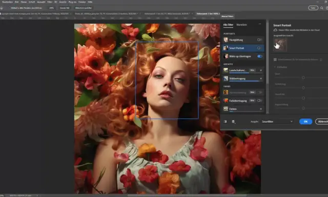 Retrato inteligente con filtros neurales de Photoshop. Una mujer con cabello pelirrojo y flores naranjas y rosas.