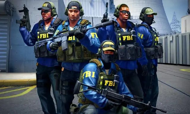 Pięciu agentów FBI w niebieskich kurtkach i kamizelkach taktycznych, gotowych do akcji w CS GO. VAC ban dla oszustów!