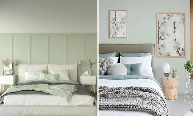 Deux chambres douillettes aux teintes vert sauge et beige, avec des lits confortables et des tableaux floraux apaisants.