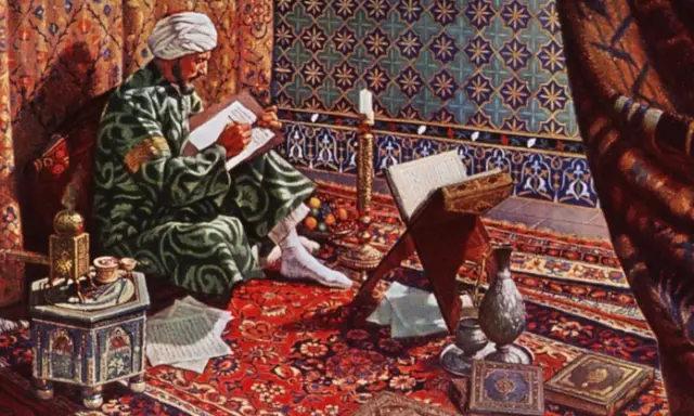 Ein Gelehrter im reichen Zelt, der schreibt. Die Szene zeigt, was die Araber erfunden haben: Wissen, Kunst und Wissenschaft.