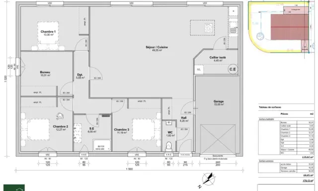 Plan maison plain-pied 3 chambres avec garage et cellier. Idéal pour une famille, ce plan offre un espace de vie lumineux et fonctionnel.