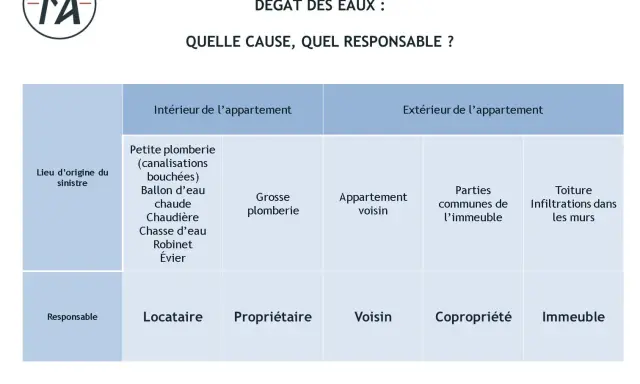 Tableau "Dégât des eaux : Quelle cause, quel responsable ?" montrant les origines (intérieur/extérieur) et les responsables (locataire, propriétaire, voisin, copropriété, immeuble) d'un dégât des eaux.