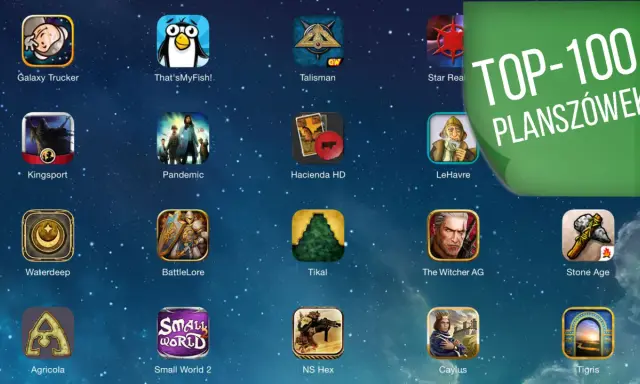Kolekcja ikon gier na iPada, w tym "Galaxy Trucker", "Pandemic" i "The Witcher AG". Zielona nakładka z napisem "TOP-100 PLANSZÓWEK" sugeruje ranking najlepszych gier planszowych dostępnych na urządzenia mobilne.