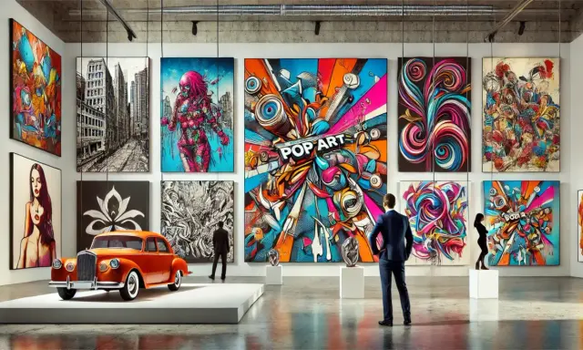 Galerie d'art moderne avec une voiture orange vintage. L'estimation tableau est en cours, avec des œuvres pop art colorées et abstraites.