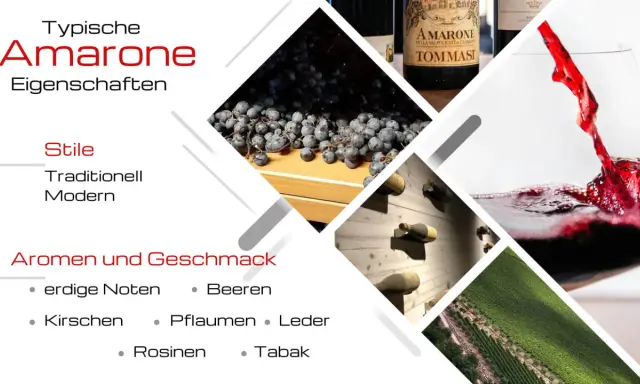 Amarone: typische Eigenschaften, Stile, Aromen wie Beeren, Kirschen, Pflaumen, Rosinen, Tabak. Erdig, Leder.
