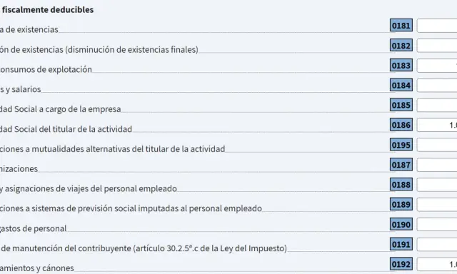 Tabla de gastos deducibles: otros gastos de personal (casilla 19) y otros conceptos.