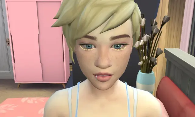 Simka z modami do The Sims 4, ma niebieskie oczy i ozdobne rzęsy.