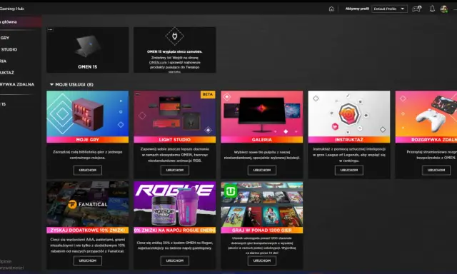 OMEN Gaming Hub: zarządzaj grami, personalizuj RGB w Light Studio, przeglądaj galerię, korzystaj z instruktażu AI i strumieniuj rozgrywkę zdalnie.