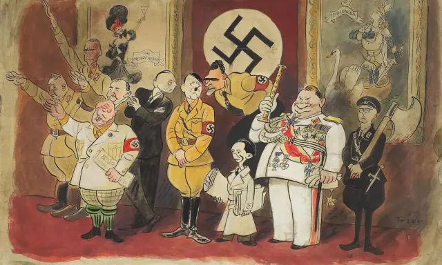 Karikatur des Nationalsozialismus: Hitler und seine Gefolgsleute, darunter Göring und Goebbels, werden grotesk dargestellt.