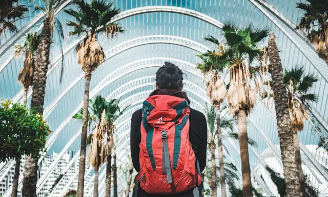 Viaggiatore con zaino rosso sotto palme e architettura moderna. La traduzione di "daffodils" è narcisi, ma qui non ci sono fiori.