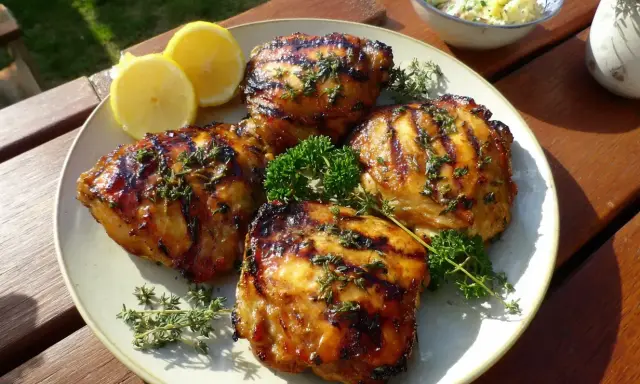 Grillade kycklinglårfileer med örter och citronklyftor, serverade på en tallrik med potatissallad i bakgrunden.