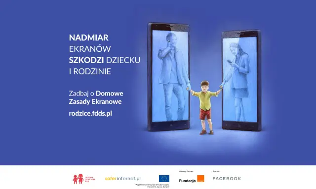 Nadmiar ekranów szkodzi dziecku i rodzinie. Chłopiec trzyma za ręce rodziców uwięzionych w smartfonach.