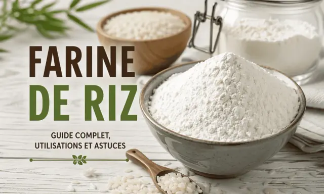 Guide complet sur la farine de riz : par quoi remplacer la farine de riz, ses utilisations et astuces. Gros plan sur des bols de riz et de farine.