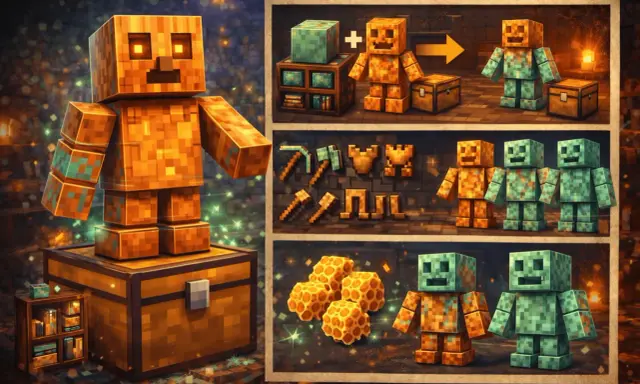 Un golem de cobre, con ojos brillantes, se alza sobre un cofre. En paneles adyacentes, se muestra su creación, herramientas y su evolución a un golem oxidado.