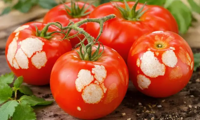 Tomates rouges avec des taches blanches sur la peau, posées sur du bois avec des feuilles vertes et de la terre.