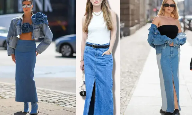 Tres mujeres lucen un outfit falda vaquera larga. Una con chaqueta y top a juego, otra con top blanco y cinturón, y la tercera con top negro y chaqueta vaquera.