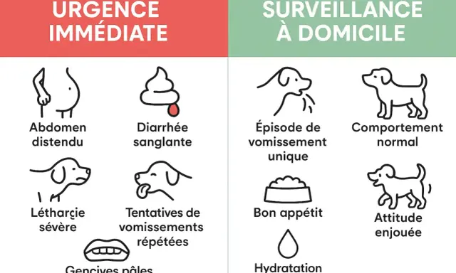 Urgence vétérinaire : chien avec diarrhée sanglante, abdomen distendu, léthargie, gencives pâles. Surveillance : épisode de vomissement unique, bon appétit.